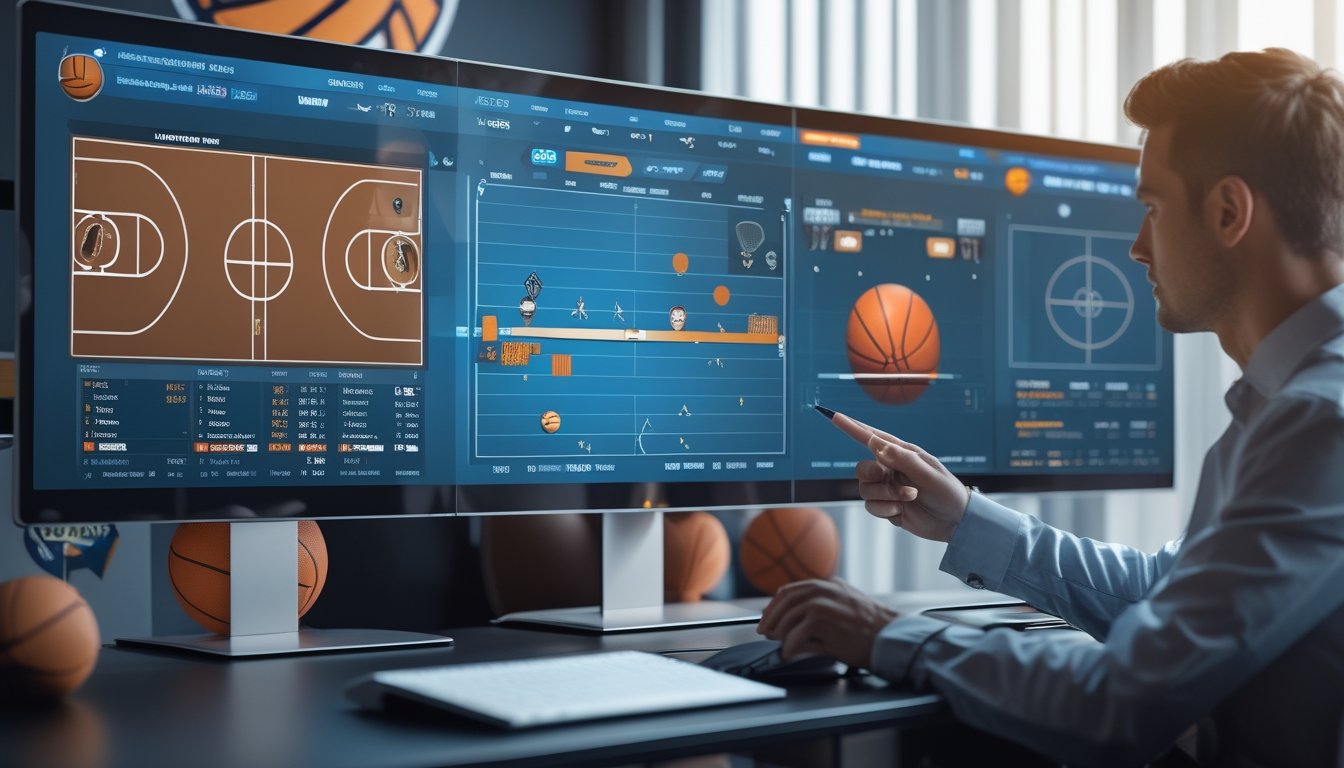 Seorang profesional sedang menganalisis statistik tim basket EuroLeague di depan beberapa layar komputer di ruang kerja modern.