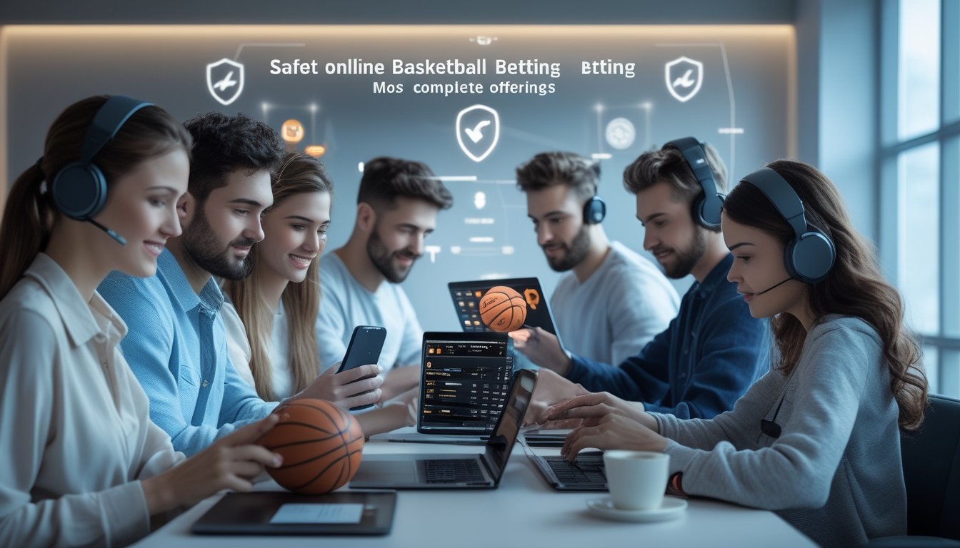 Sekelompok orang menggunakan perangkat digital untuk taruhan bola basket online di ruang modern yang nyaman.