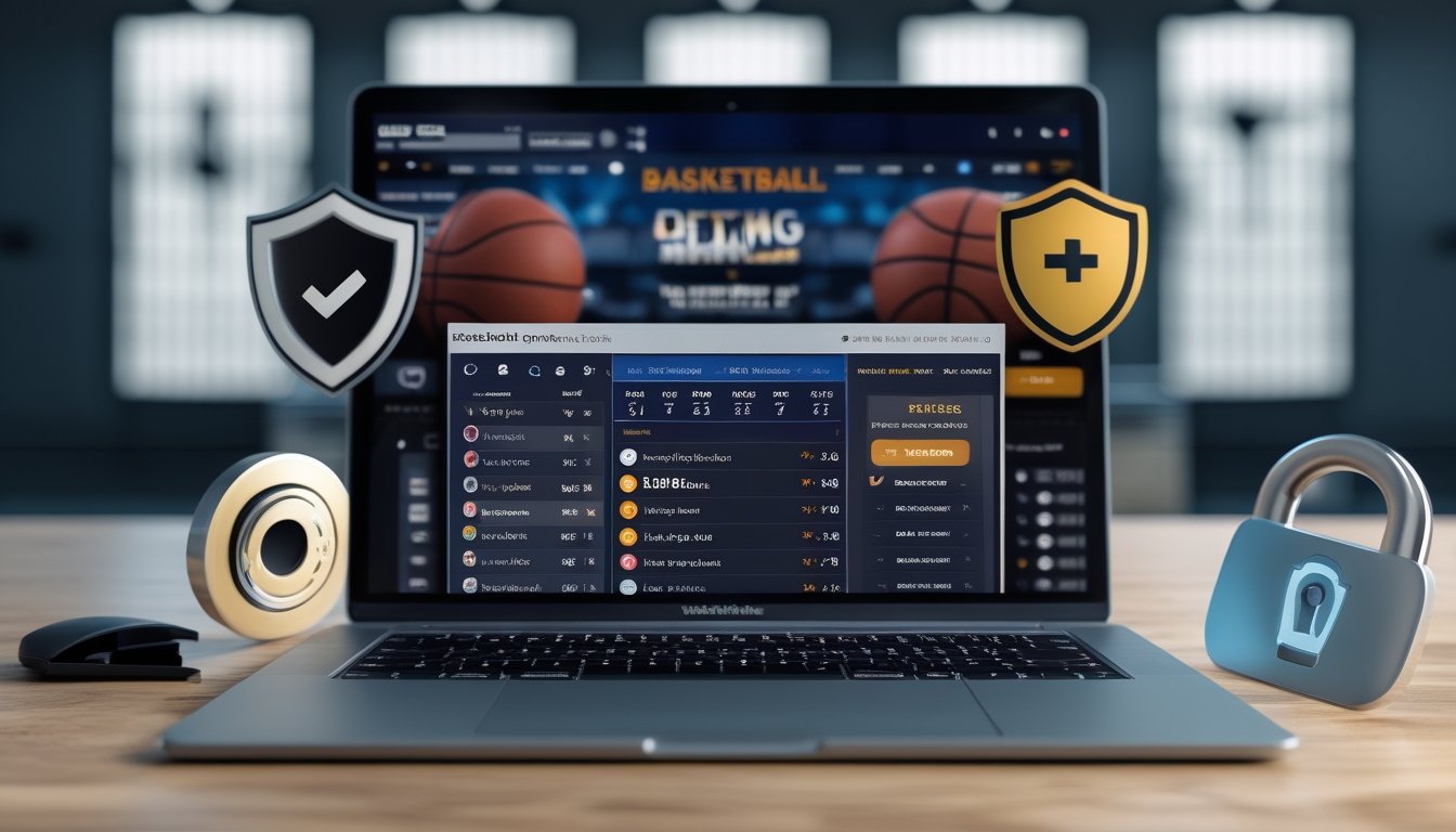 Seorang profesional menggunakan laptop dengan tampilan aplikasi taruhan basket online yang aman dan lengkap, dengan ikon keamanan di sekitar perangkat.