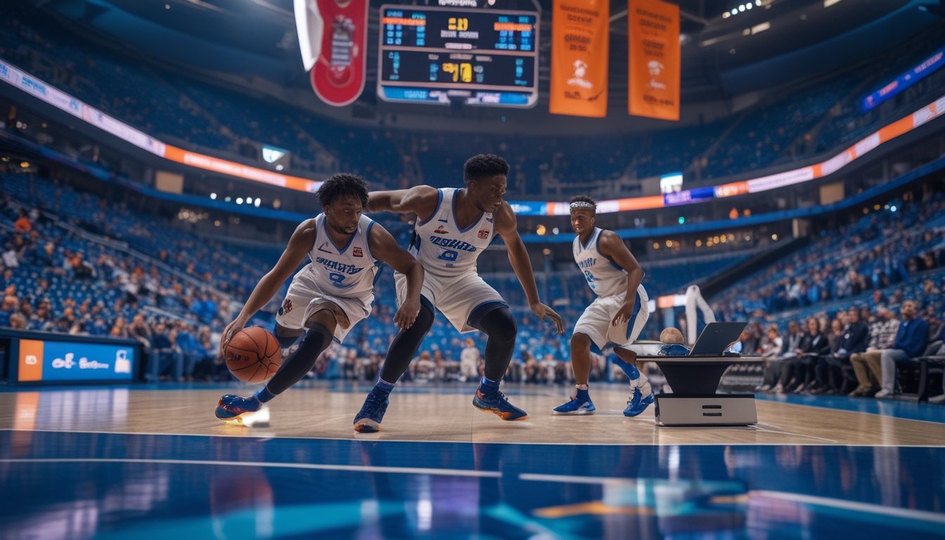 Seorang pemain basket sedang menggiring bola dengan pemain lawan bertahan, penonton ramai di tribun, dan seseorang menggunakan laptop serta ponsel untuk memasang taruhan langsung.