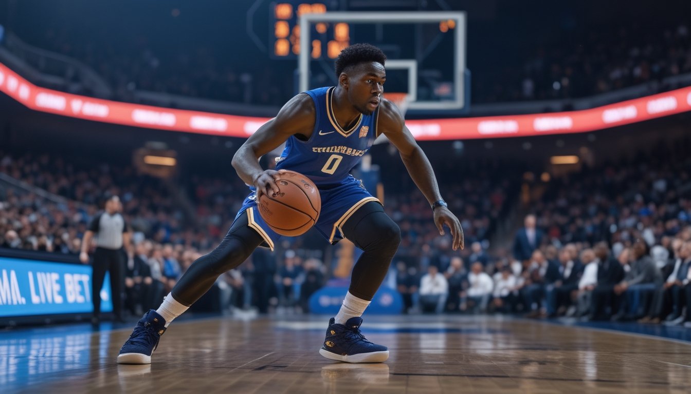 Seorang pemain basket sedang menggiring bola di kuarter keempat dengan penonton dan papan skor di latar belakang.