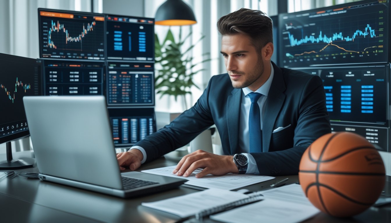 Seorang pria sedang menganalisis data taruhan bola basket di depan layar komputer di kantor modern.