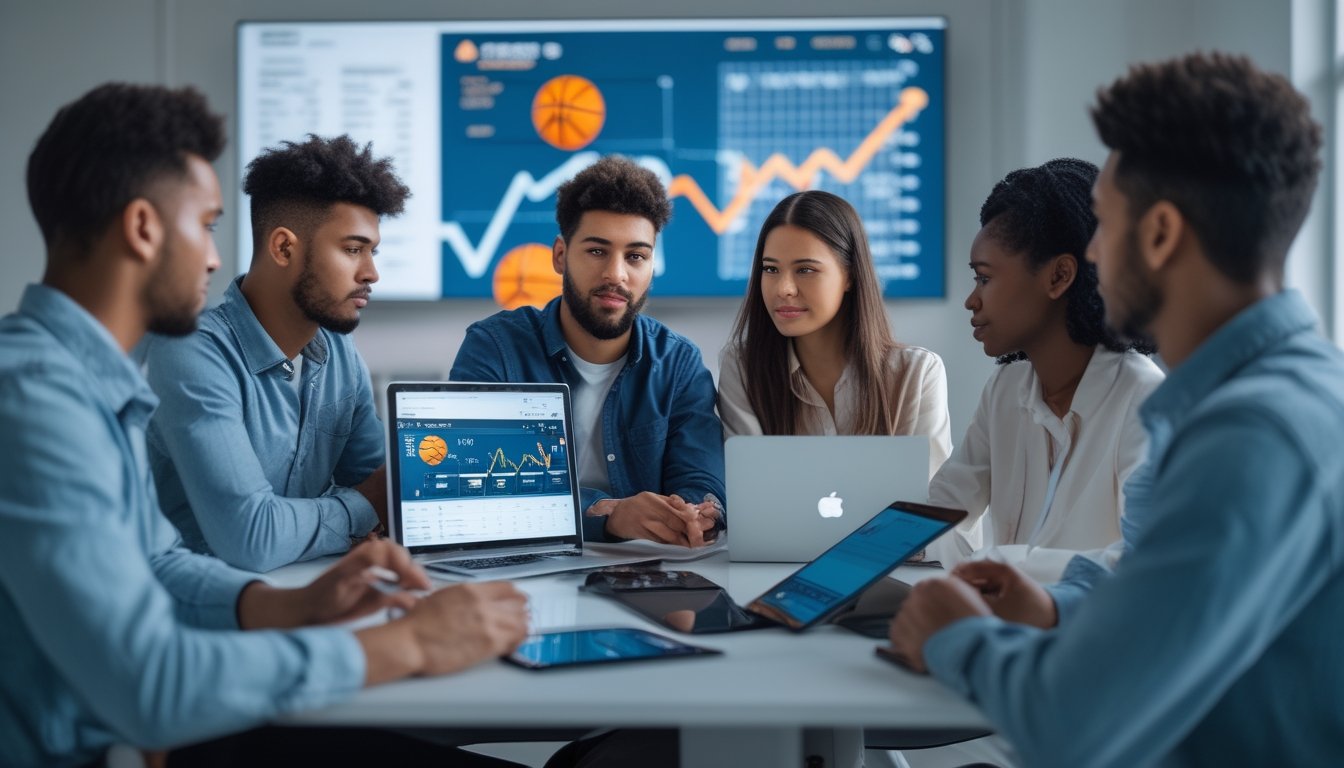 Sekelompok orang sedang berdiskusi serius di meja kantor dengan perangkat digital yang menampilkan statistik dan grafik terkait taruhan bola basket.