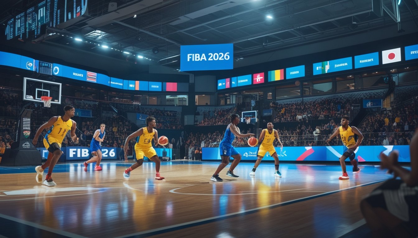 Pertandingan bola basket internasional di arena dalam ruangan dengan pemain yang sedang bermain dan penonton di tribun.