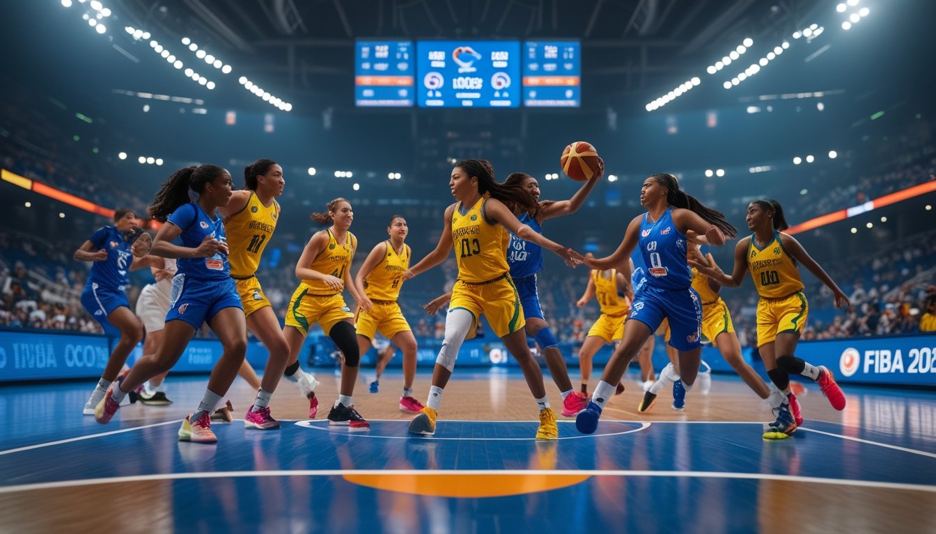 Pertandingan bola basket internasional dengan pemain yang sedang beraksi di lapangan dalam arena besar penuh penonton.