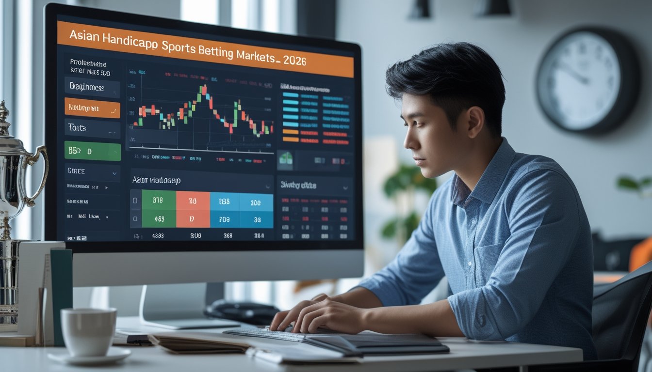 Seorang pria muda sedang mempelajari data taruhan olahraga Asian Handicap di depan komputer di sebuah kantor modern.