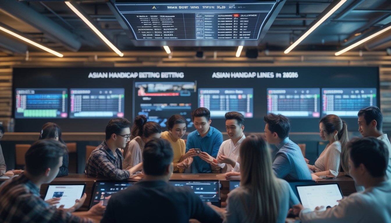 Sekelompok orang muda sedang melihat layar digital besar yang menampilkan peluang taruhan olahraga Asian Handicap di sebuah ruang taruhan modern.