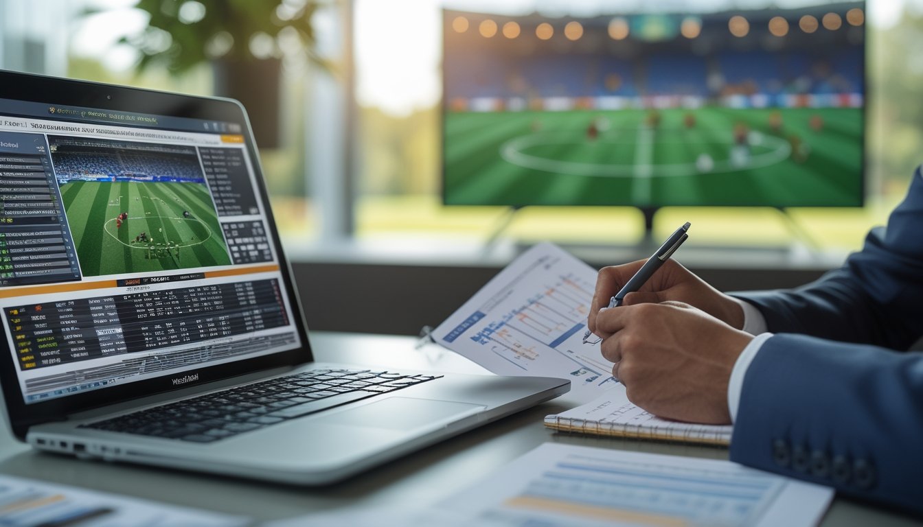 Seseorang sedang menganalisis data taruhan sepak bola di depan laptop dengan layar menampilkan statistik dan grafik, di latar belakang televisi menayangkan pertandingan sepak bola.