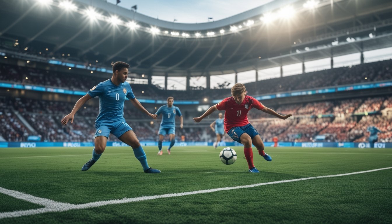 Pertandingan sepak bola yang intens di stadion penuh penonton saat turnamen musim panas 2026.