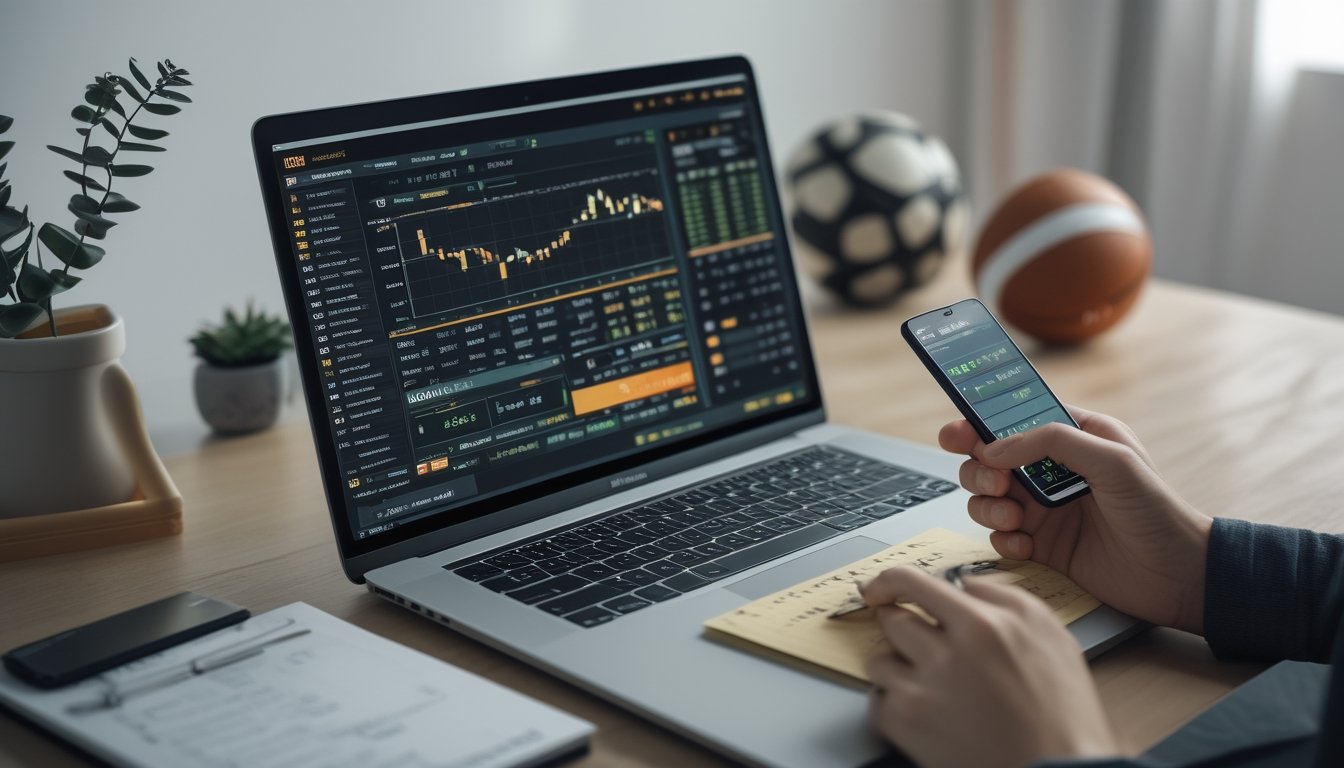 Meja kerja modern dengan laptop menampilkan grafik odds taruhan olahraga, tangan seseorang menggunakan kalkulator dan mencatat, dengan ponsel yang menunjukkan skor pertandingan.