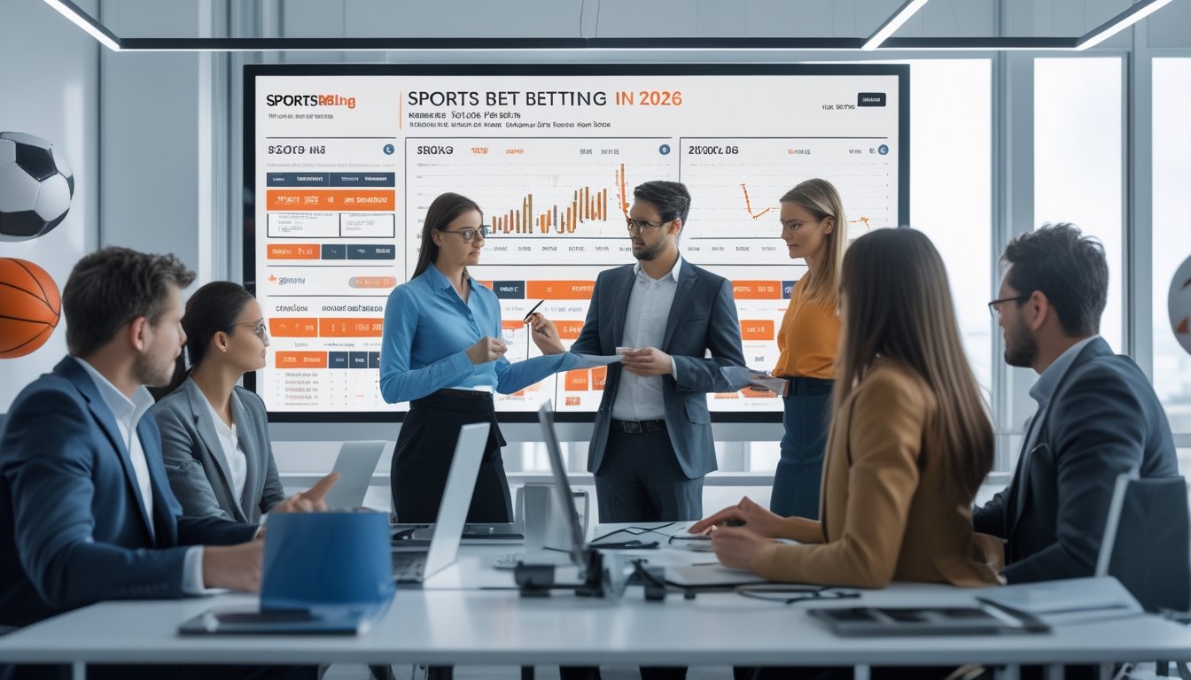 Sekelompok orang profesional sedang menganalisis data taruhan olahraga di ruang kantor modern dengan layar digital besar yang menampilkan grafik dan statistik.