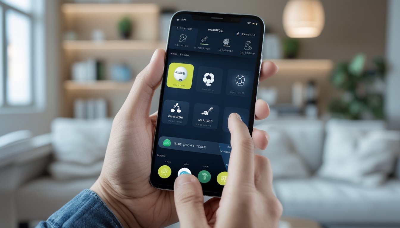 Seseorang memegang ponsel yang menampilkan aplikasi taruhan olahraga dengan fitur cash out instan di latar dalam ruangan yang terang.