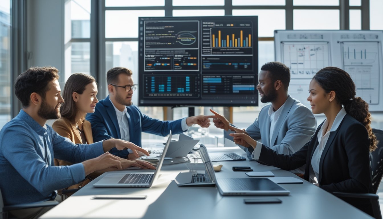 Tim profesional sedang berdiskusi dan menganalisis data statistik olahraga di kantor modern.
