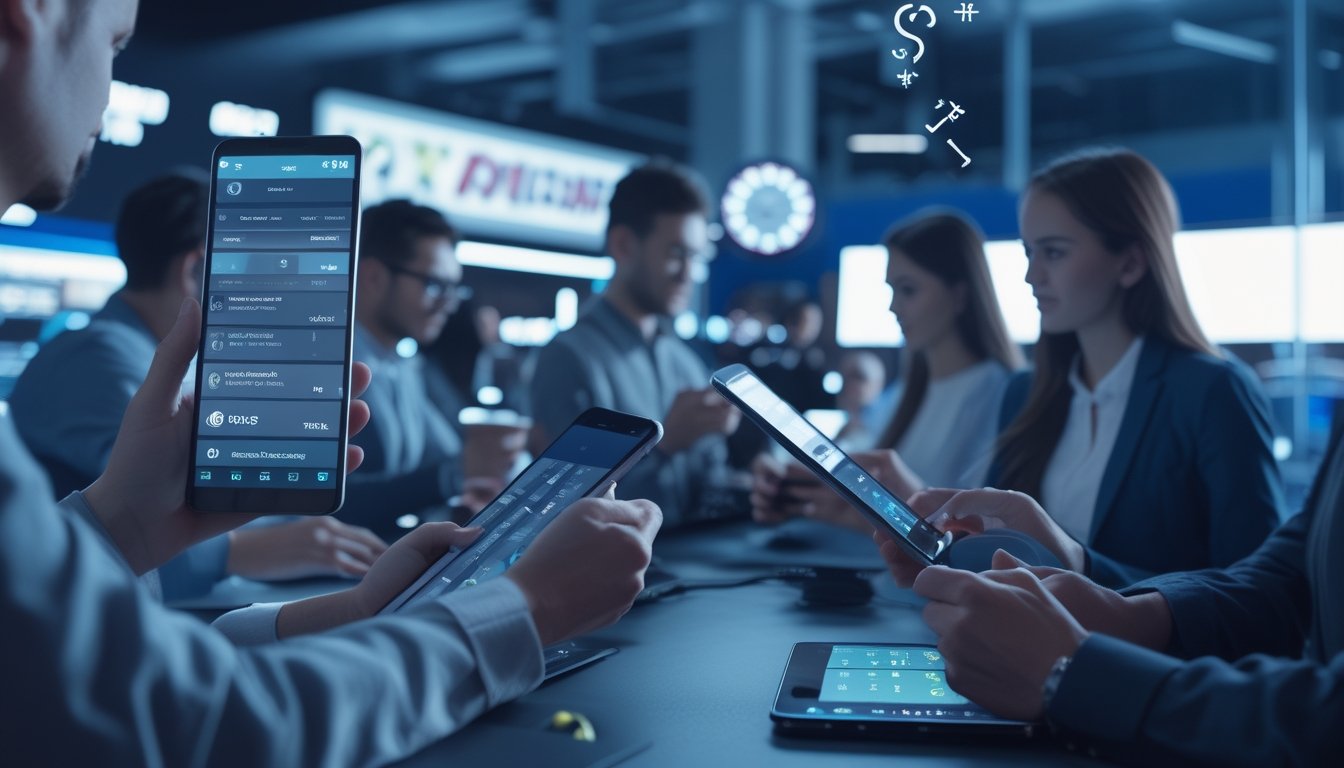 Orang-orang menggunakan perangkat digital untuk taruhan olahraga dengan suasana modern dan layanan 24 jam.