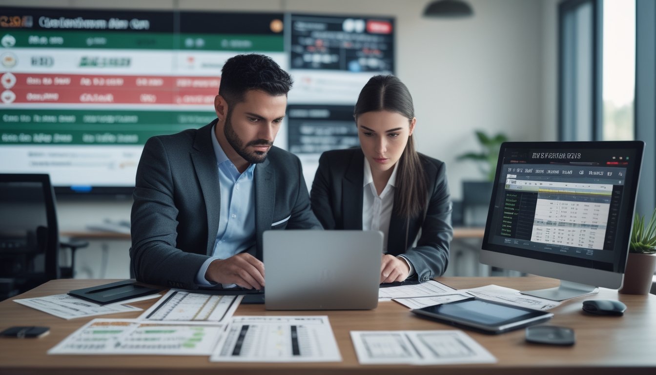 Dua pemain taruhan olahraga profesional sedang menganalisis data dan grafik di kantor modern dengan perangkat digital dan layar besar yang menampilkan acara olahraga.