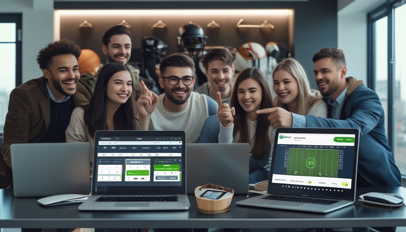 Sekelompok orang muda berkumpul di meja kerja dengan perangkat digital yang menampilkan aktivitas taruhan olahraga, menunjukkan suasana semangat dan profesional.