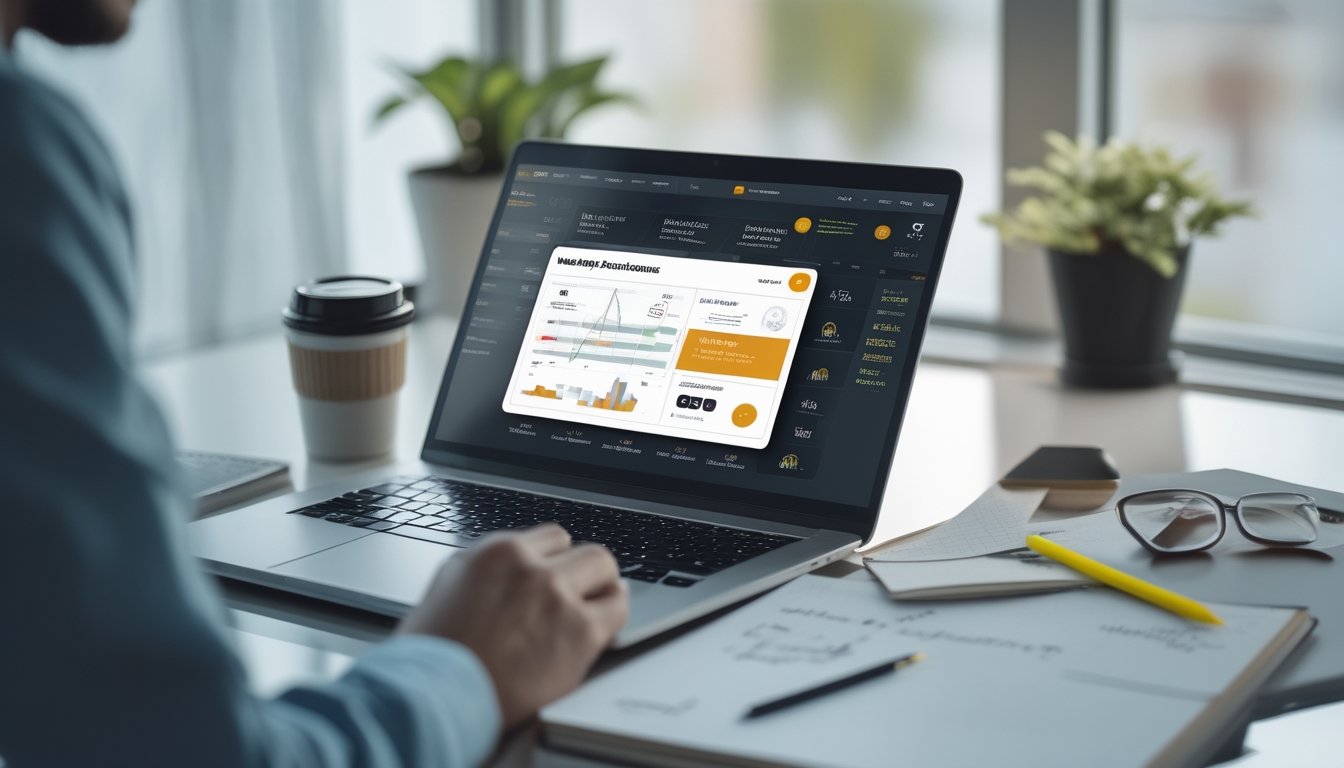 Seorang pengguna bekerja dengan laptop dan ponsel di meja yang rapi, menunjukkan aktivitas terkait taruhan olahraga dan bonus cashback mingguan.