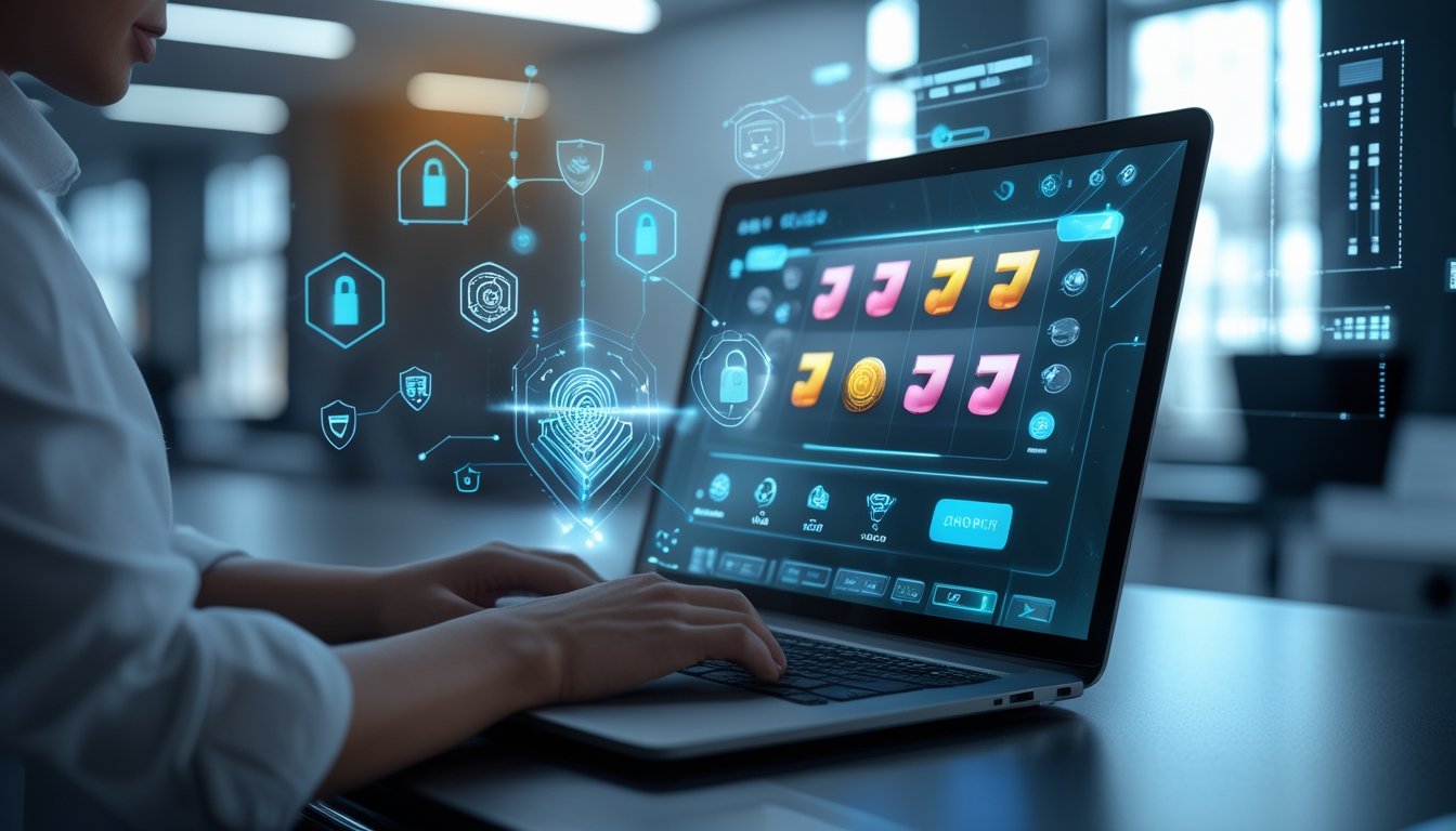 Seseorang menggunakan laptop dengan tampilan mesin slot futuristik dan ikon keamanan digital di sekitarnya dalam ruangan kantor modern.