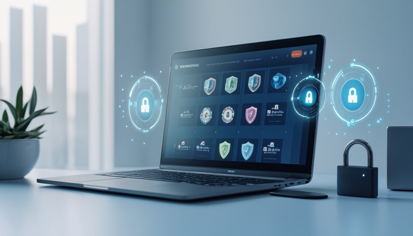Sebuah laptop di meja kerja modern menampilkan situs slot online yang aman dengan ikon keamanan dan latar belakang teknologi futuristik.