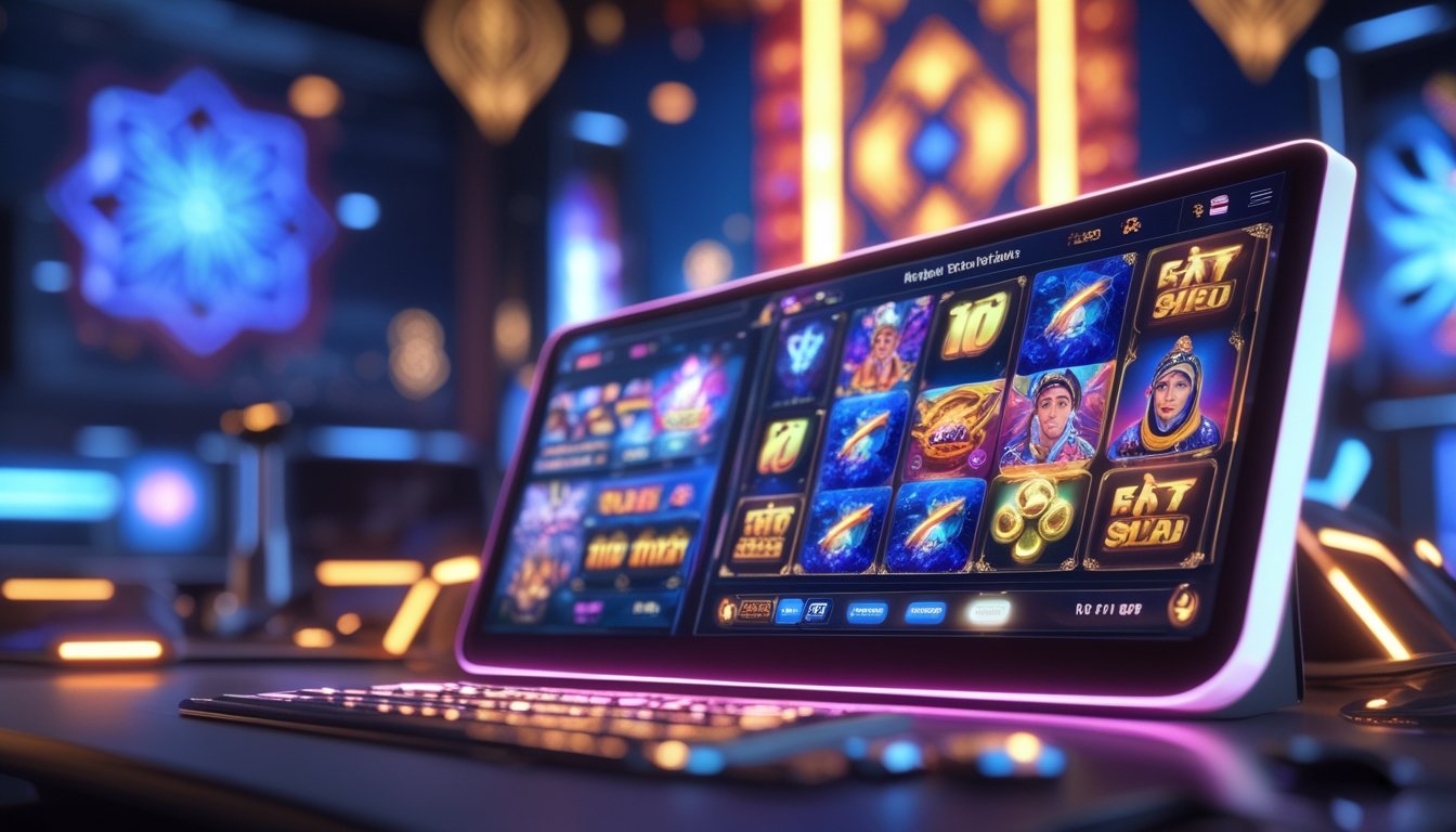 Layar perangkat modern menampilkan permainan slot online dengan grafis warna-warni dan latar belakang bermotif batik Indonesia.