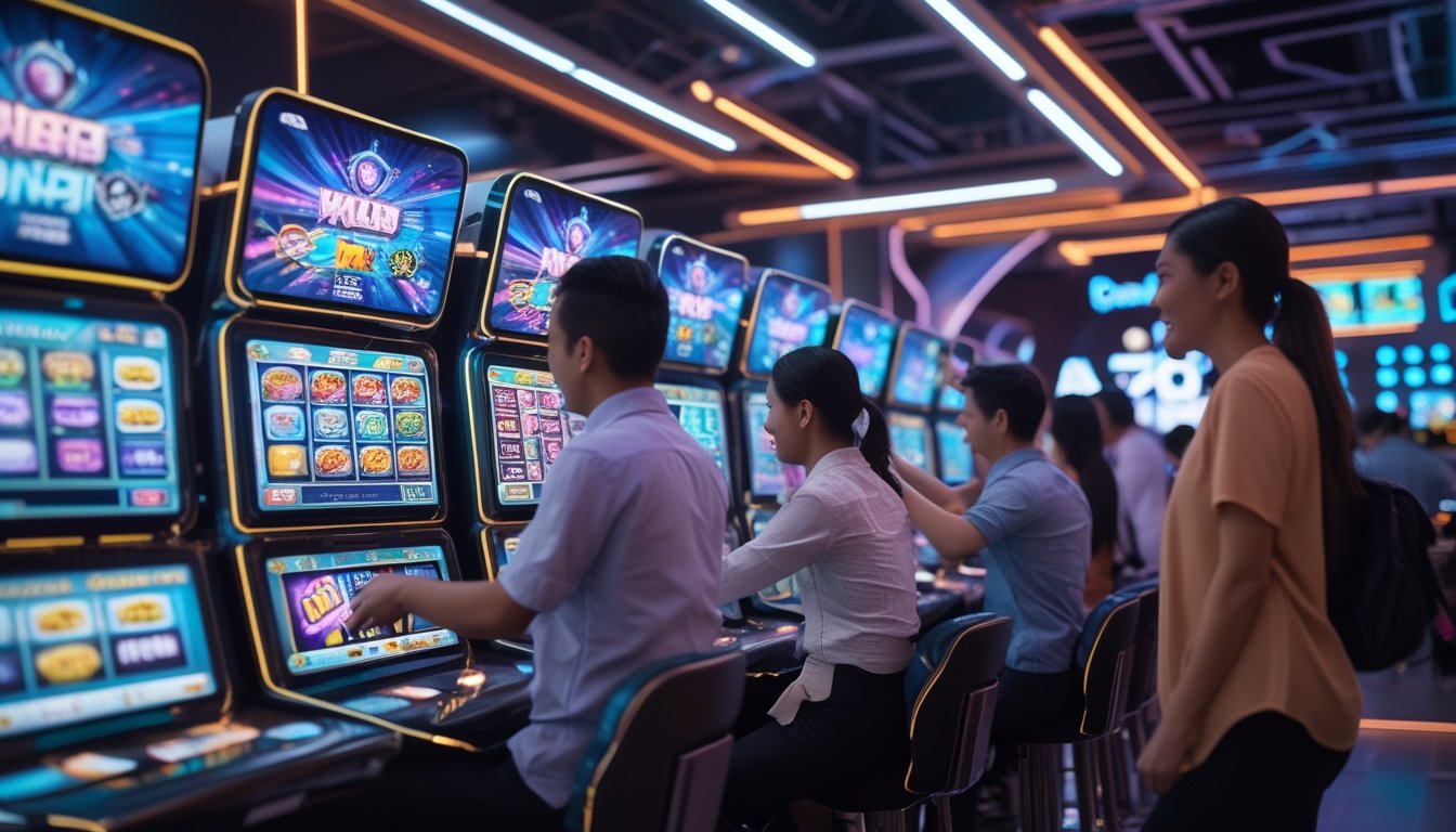 Beberapa orang bermain mesin slot online dengan layar grafis warna-warni dan suasana kasino digital modern.