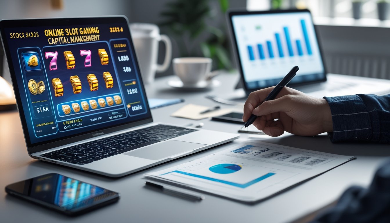 Seorang pria atau wanita sedang bekerja di meja dengan laptop yang menampilkan permainan slot online, dokumen dan grafik keuangan di sekitar, serta suasana ruang kerja yang rapi dan terorganisir.