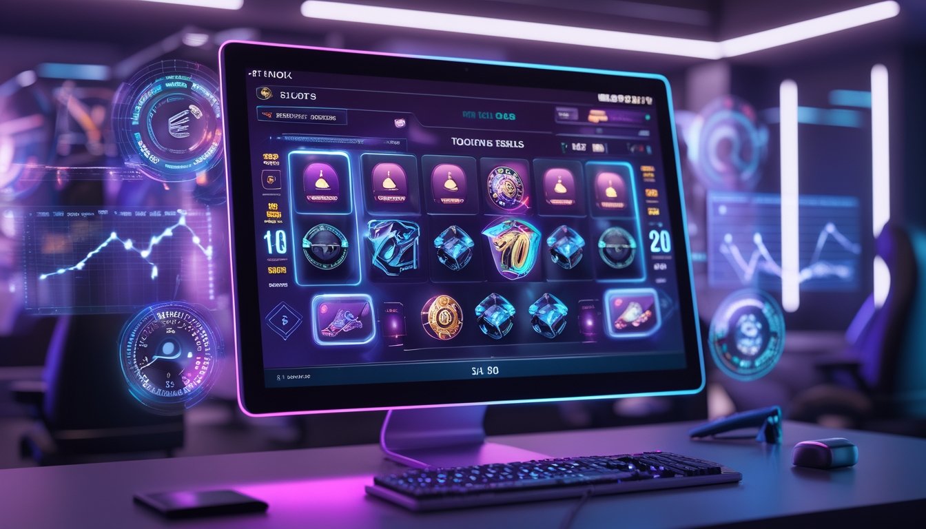 Antarmuka digital futuristik permainan slot online terbaru dengan simbol holografik dan grafik inovasi di ruang permainan modern.