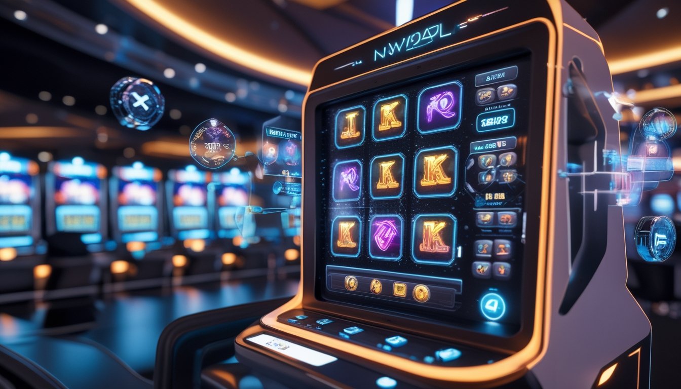 Mesin slot modern dengan tampilan digital futuristik dan elemen teknologi canggih di latar kasino.