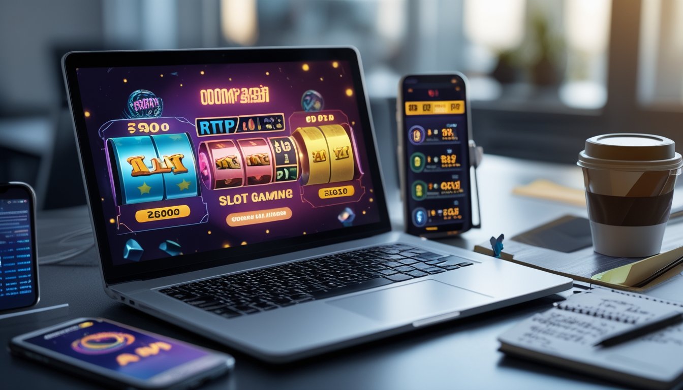 Seorang profesional bekerja di depan laptop yang menampilkan grafik permainan slot dan data perbandingan RTP dari berbagai penyedia tahun 2026, dengan meja kerja yang rapi dan suasana kantor yang terang.