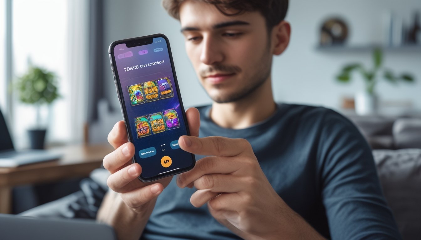 Seseorang menggunakan ponsel pintar di ruang tamu yang nyaman untuk mengakses aplikasi permainan slot online.