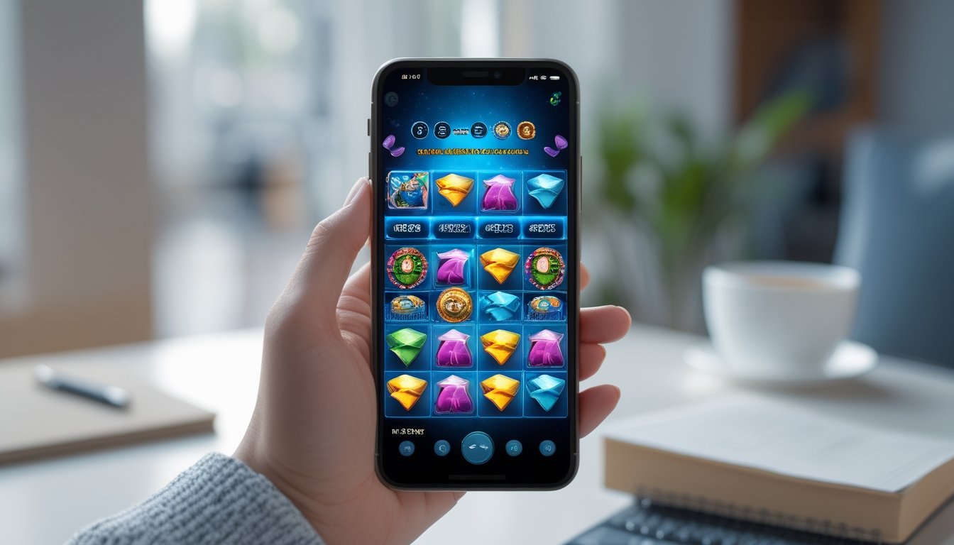 Seseorang memegang smartphone yang menampilkan permainan slot online dengan latar belakang ruangan yang terang dan nyaman.
