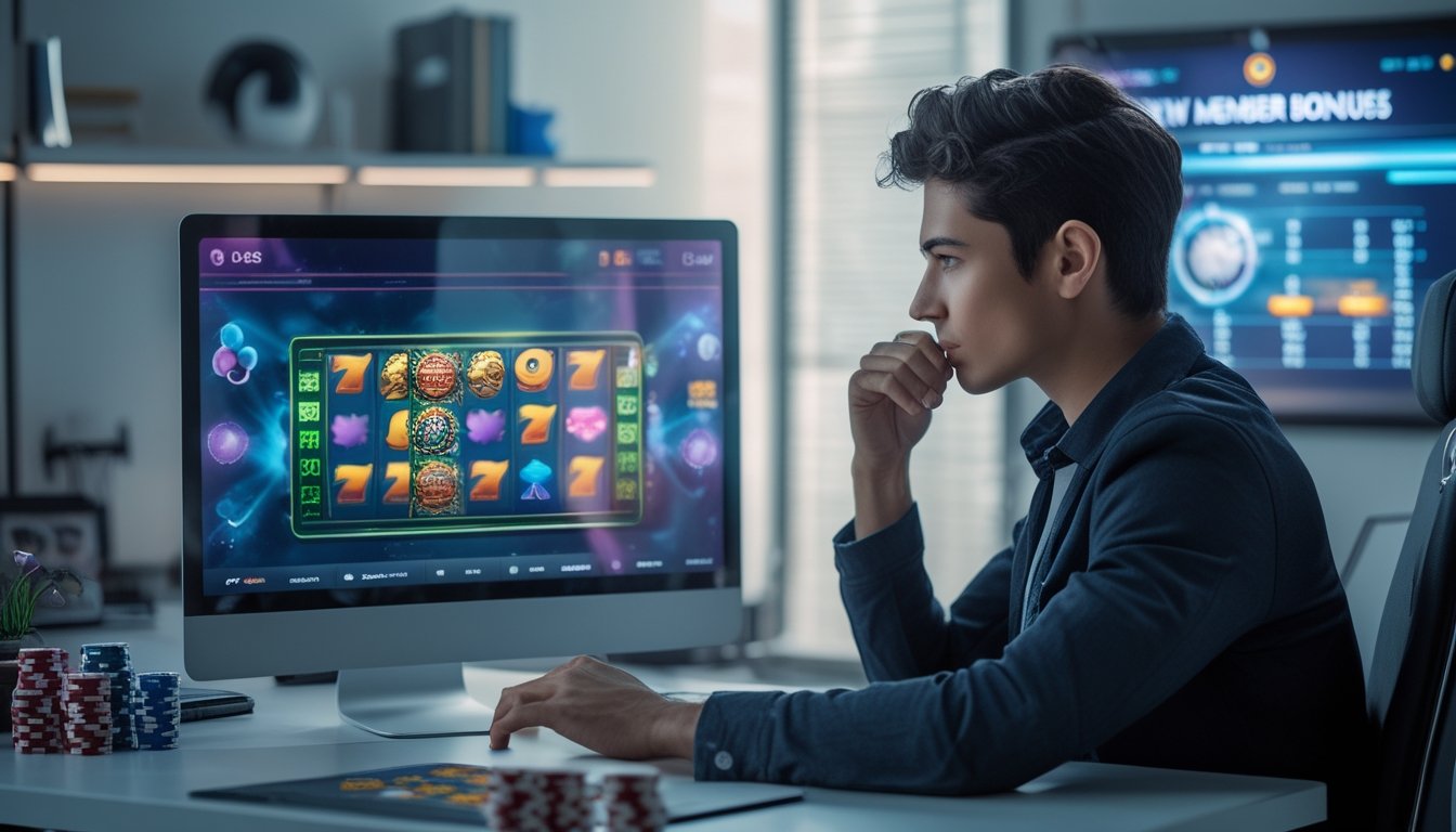 Seorang dewasa muda duduk di meja modern menggunakan laptop dengan permainan slot online di layar, di ruang kerja yang terang dan rapi.