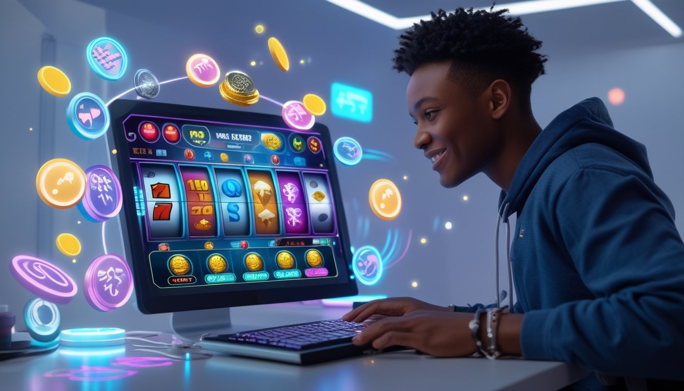 Seorang pemain muda fokus bermain permainan slot online di depan layar komputer dengan simbol bonus dan koin mengelilingi perangkat dalam suasana modern dan futuristik.