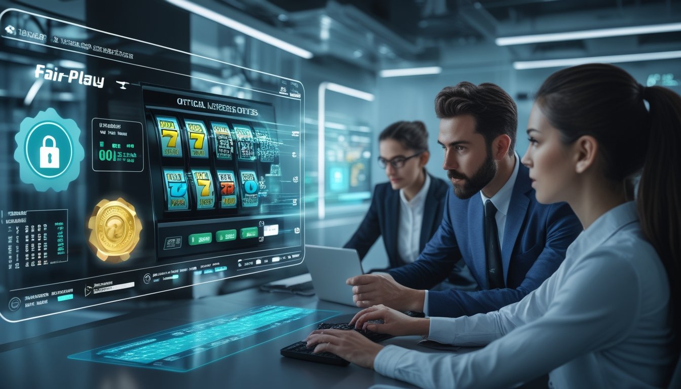 Sejumlah profesional sedang menganalisis data pada layar digital yang menampilkan mesin slot dan simbol keamanan di lingkungan kantor modern.