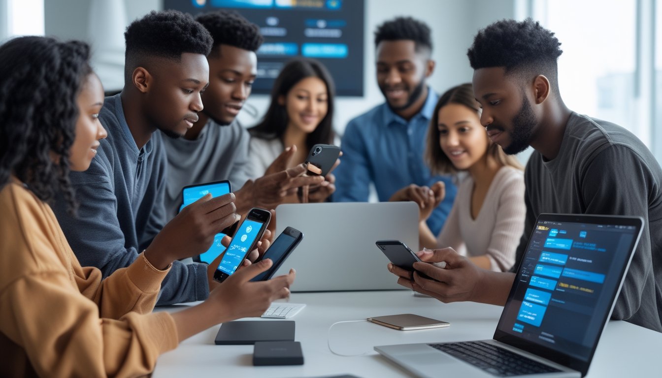 Beberapa orang muda menggunakan ponsel dan laptop untuk melakukan transaksi deposit dan penarikan cepat di situs slot online dengan e-wallet.