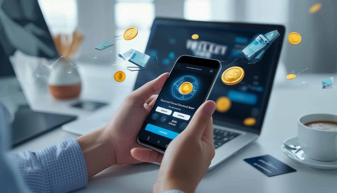 Tangan seseorang memegang ponsel dengan aplikasi dompet digital terbuka, di meja terdapat laptop dan kartu kredit, menggambarkan transaksi deposit dan penarikan cepat melalui e-wallet.