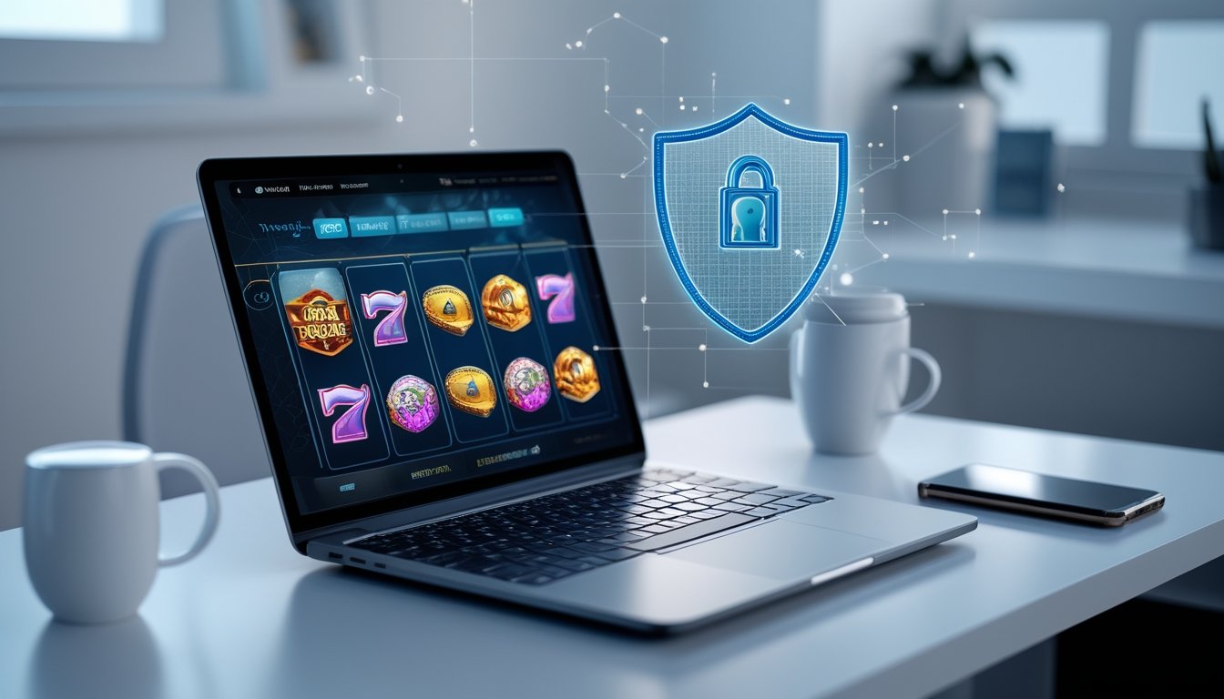 Seorang pengguna duduk di depan laptop yang menampilkan permainan slot online dengan ikon keamanan digital di sekitarnya.