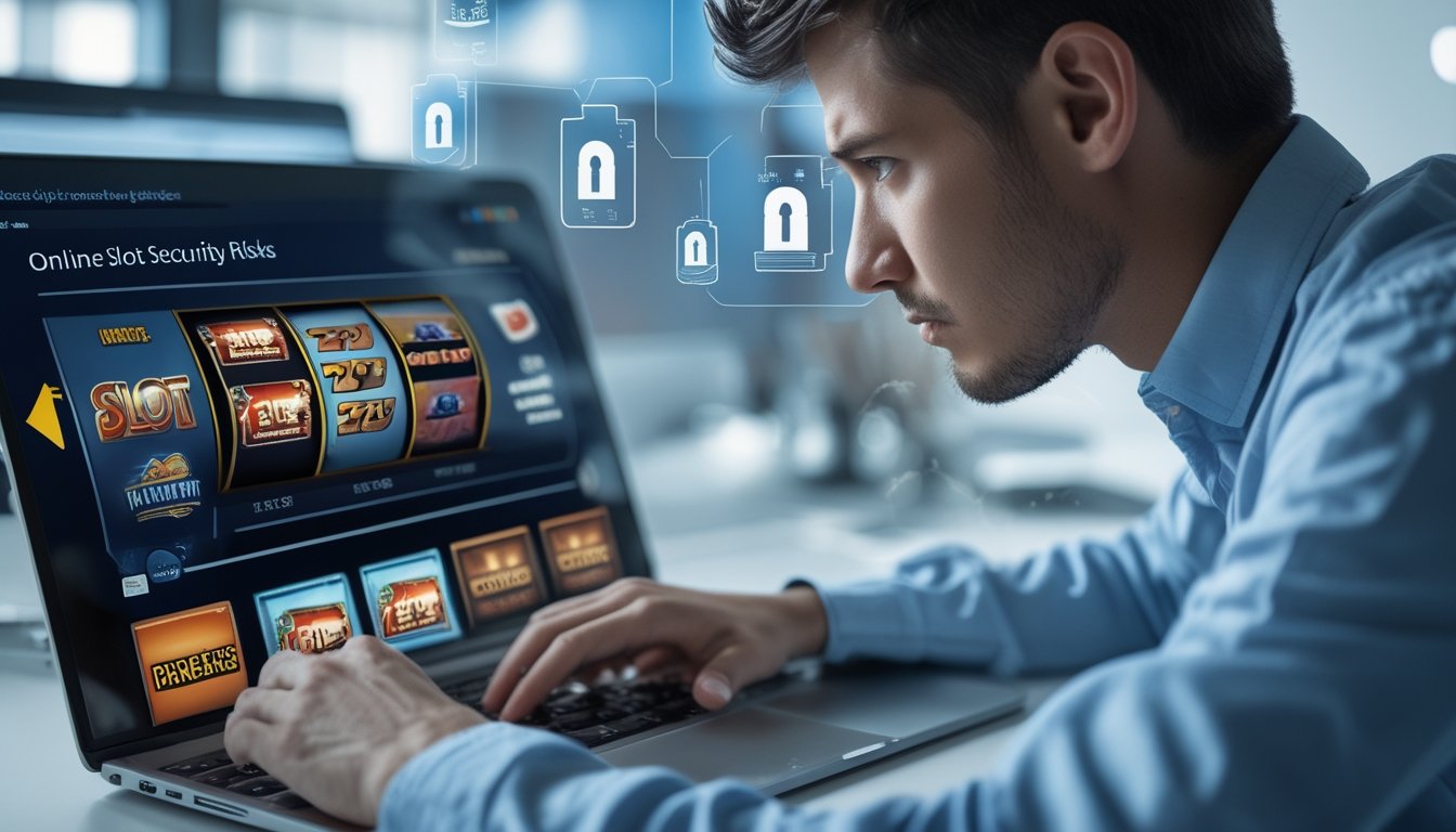 Seseorang sedang menggunakan laptop dengan tampilan permainan slot online, terlihat fokus dan waspada, di ruang kerja modern dengan simbol keamanan digital di sekitar.
