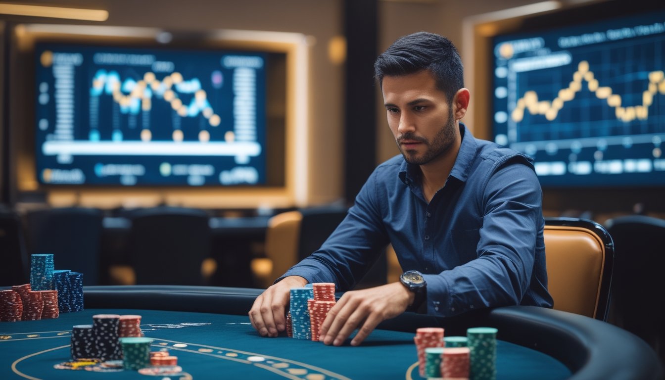 Seorang pemain poker serius duduk di meja poker dengan kartu dan tumpukan chip, di latar belakang terlihat layar digital dengan grafik analisis strategi permainan.