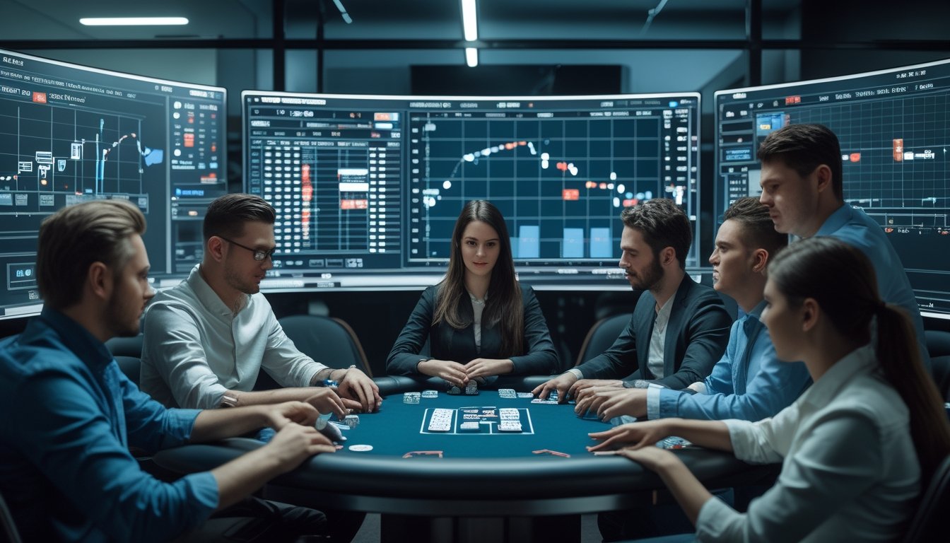 Beberapa pemain poker duduk di sekitar meja poker dengan layar komputer menampilkan data dan grafik strategi poker Texas Hold'em.