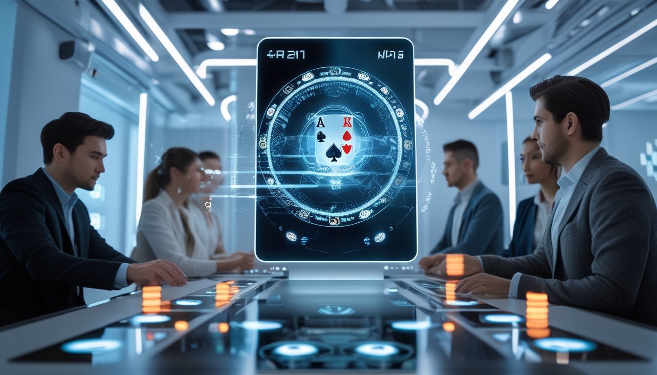 Orang-orang sedang bermain poker online dengan teknologi canggih dan sistem keamanan modern di ruangan terang.