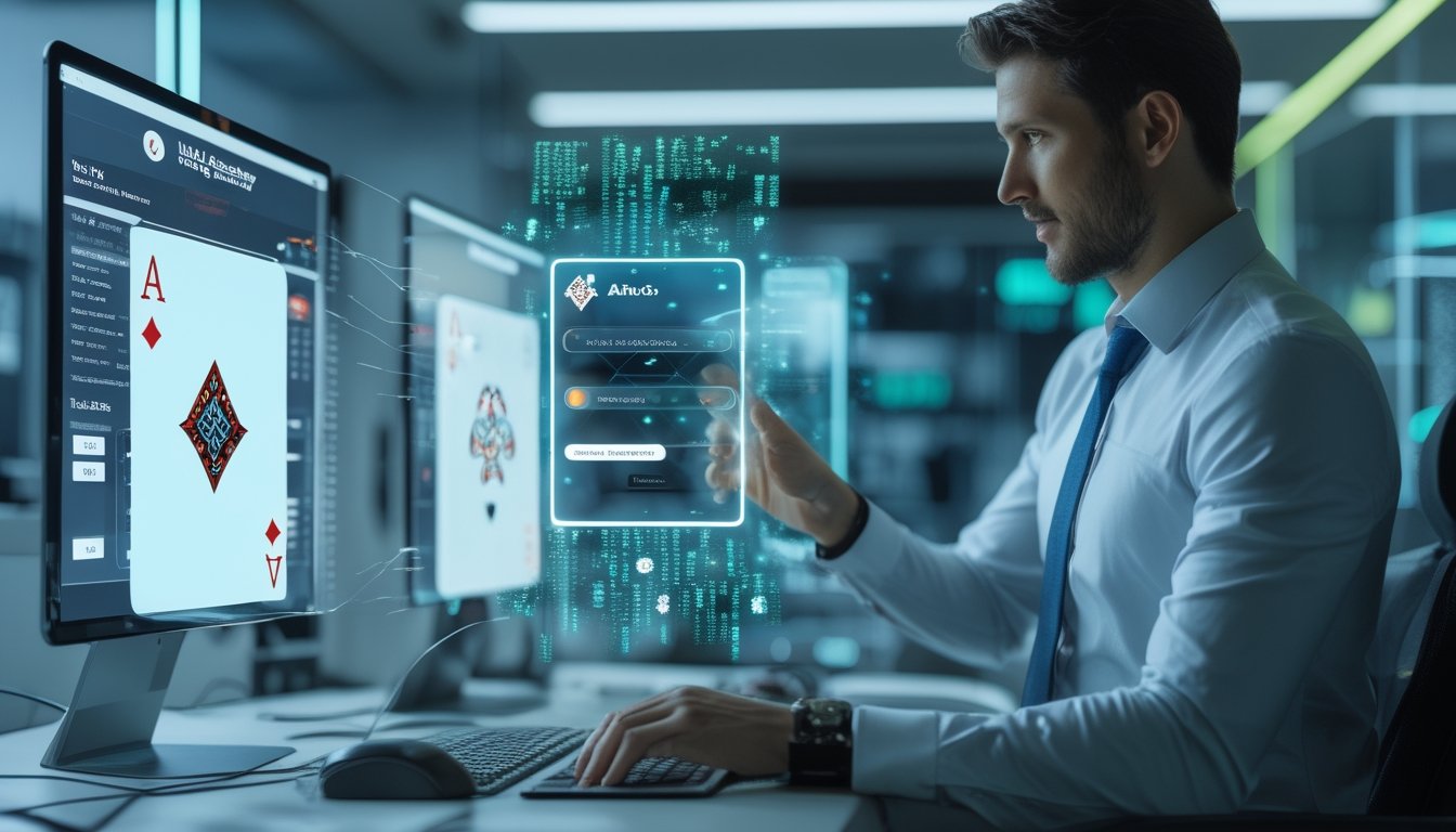 Seorang profesional menggunakan teknologi hologram di kantor modern yang menunjukkan konsep keamanan situs poker online.