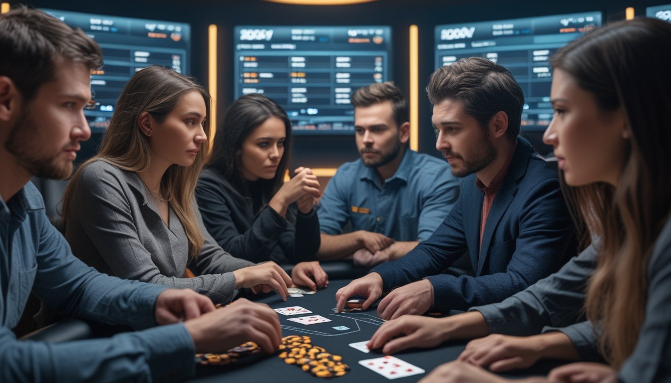 Beberapa orang bermain poker online di meja dengan ekspresi serius dan fokus, dikelilingi oleh layar komputer dan chip poker.