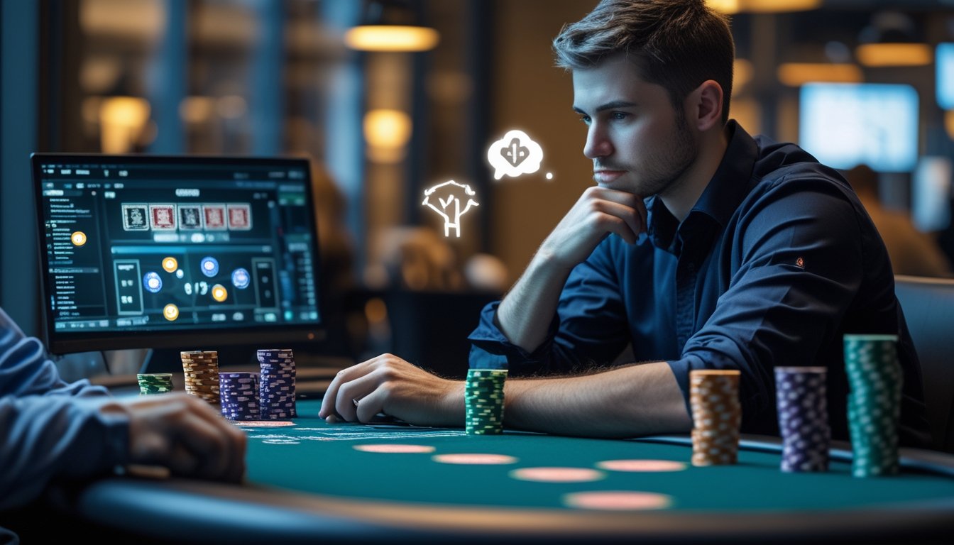 Seorang pemain poker yang fokus duduk di depan komputer dengan tumpukan chip dan kartu poker di meja, terlihat sedang menganalisis permainan poker online.