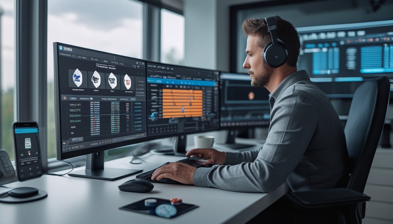 Seorang pemain poker profesional duduk di meja dengan beberapa monitor yang menampilkan statistik dan alat manajemen bankroll poker online, di dalam ruangan kantor rumah yang modern dan terang.