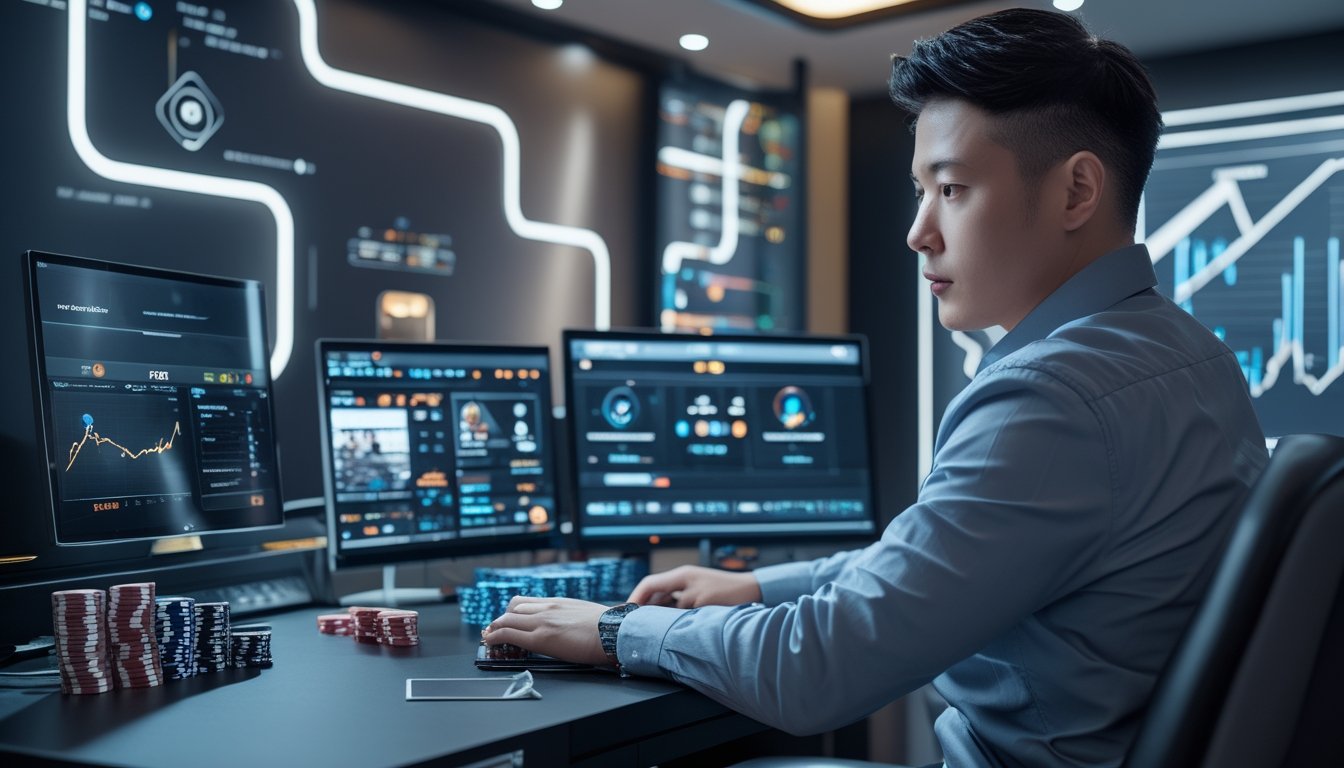 Seorang pemain poker online yang fokus mengelola modal dengan layar komputer dan chip poker di meja dalam ruangan modern.