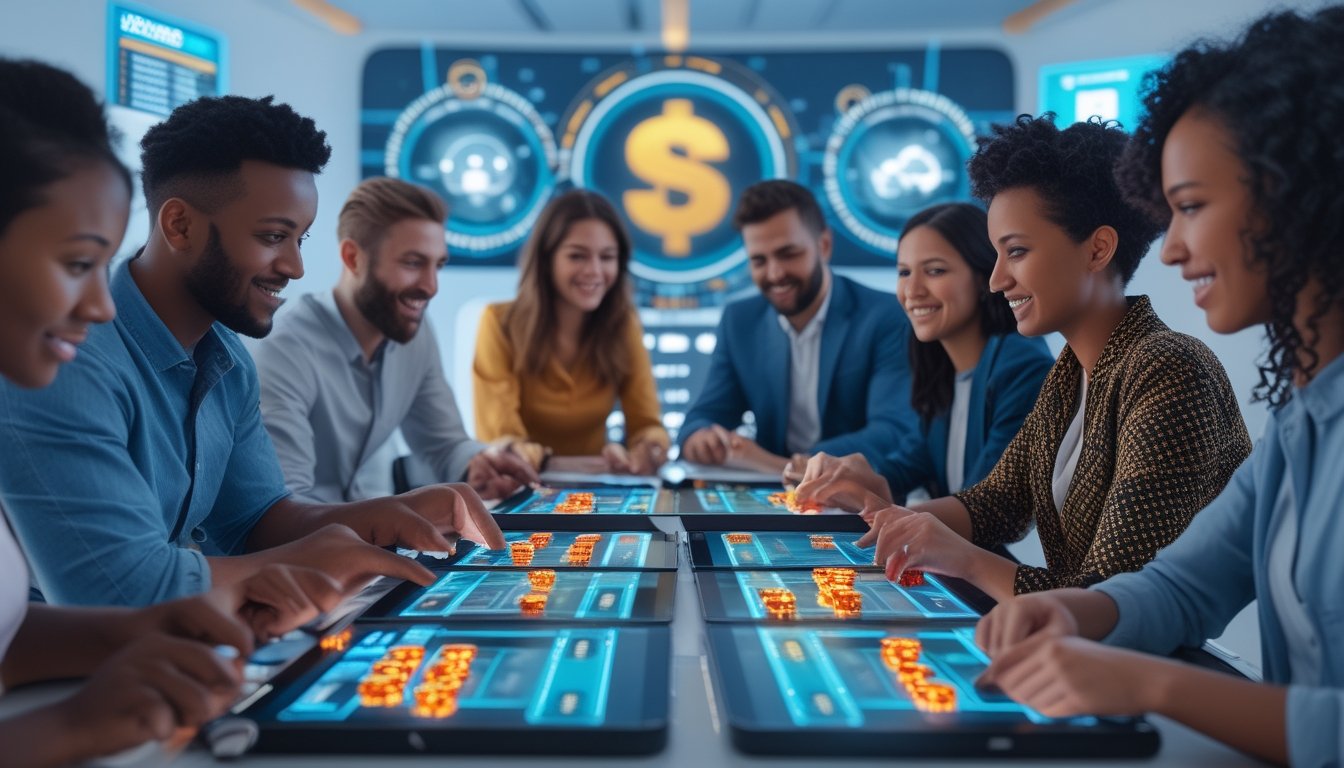 Beberapa orang dari berbagai latar belakang bermain poker online bersama di ruangan modern dengan perangkat digital.