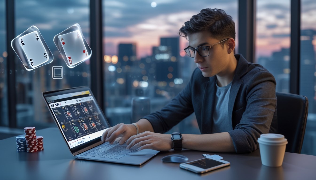 Seorang pria muda duduk di depan laptop dengan tampilan permainan poker online, dikelilingi chip poker dan peralatan kerja di ruang kantor modern.