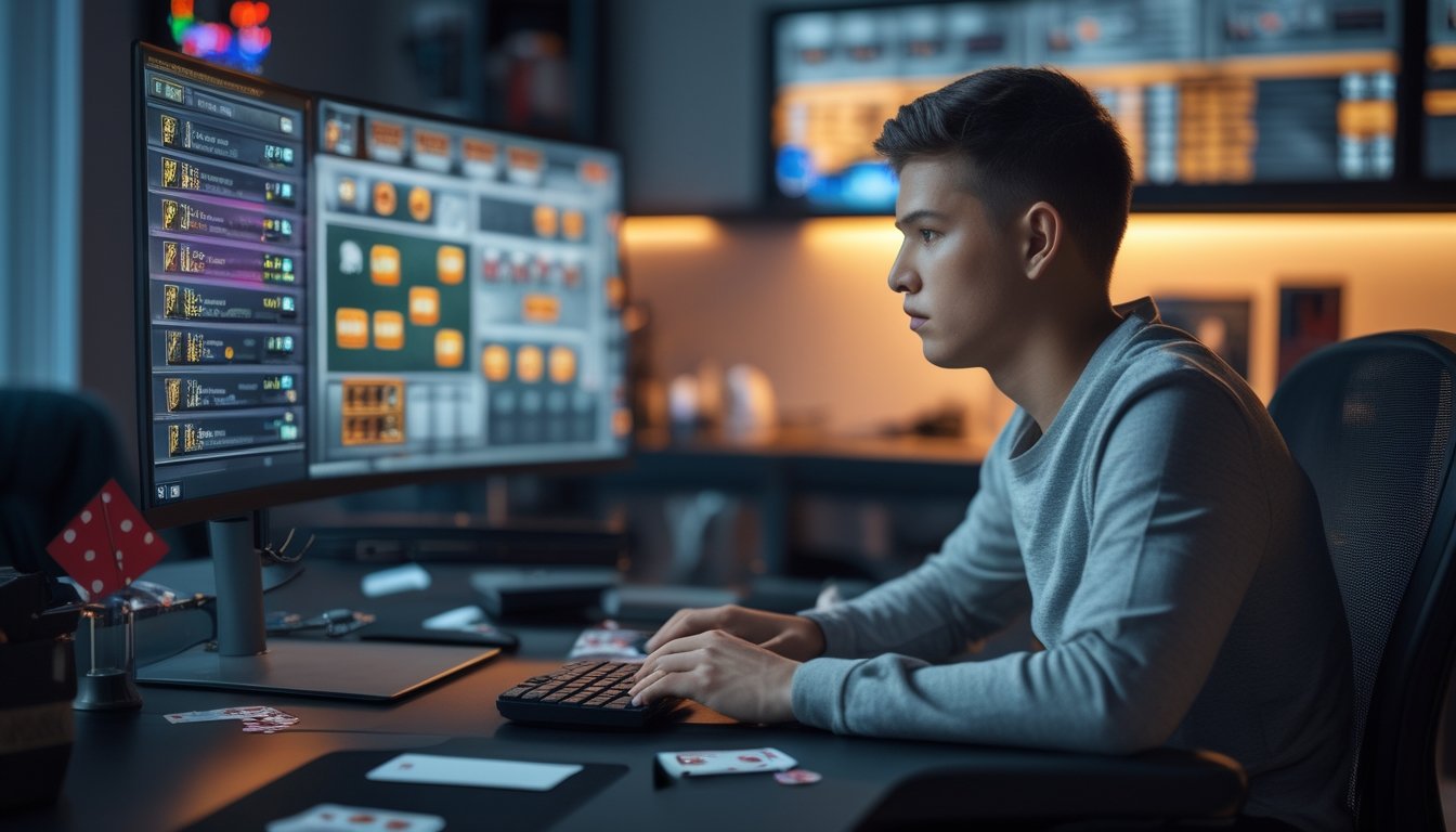 Seorang pemuda fokus bermain poker online di depan komputer dengan layar menampilkan meja poker Omaha dan chip, di ruangan yang modern dan terang.