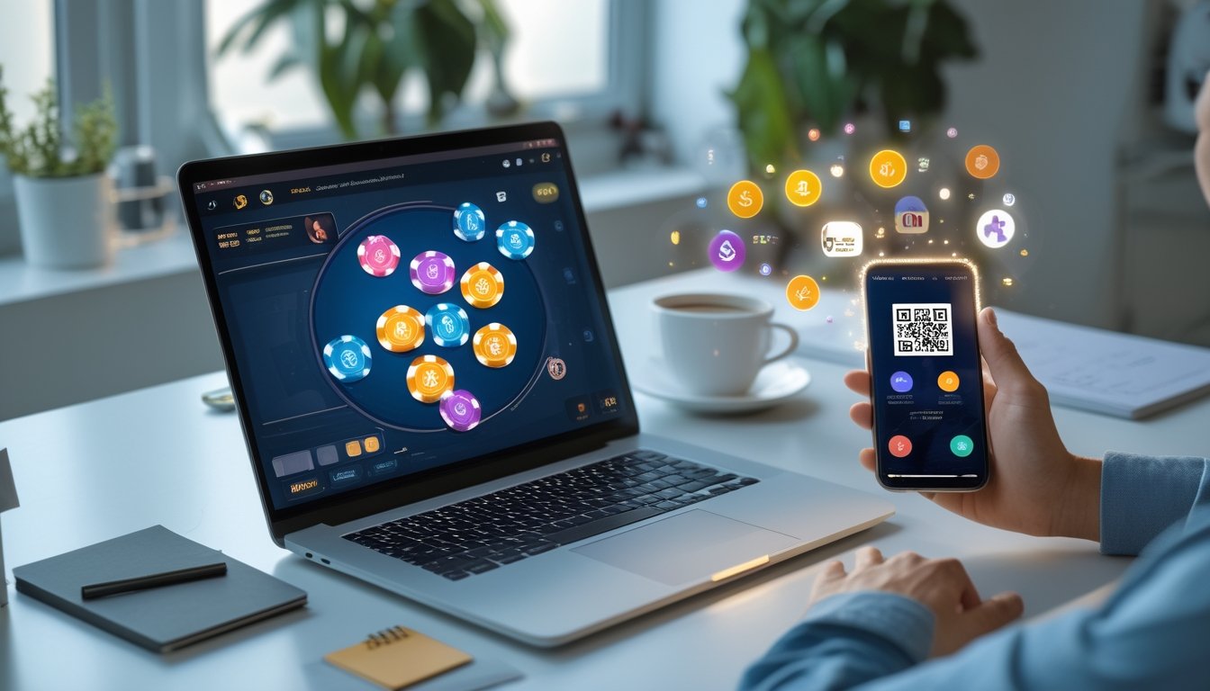 Seorang pengguna menggunakan laptop dan ponsel pintar untuk bermain poker online dan melakukan pembayaran dengan kode QR dan e-wallet di meja kerja yang rapi.